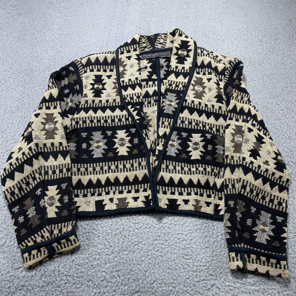 New Identity Jacket Womens‎ Medium Black Beige Southwestern Aztec Cropped Cotton